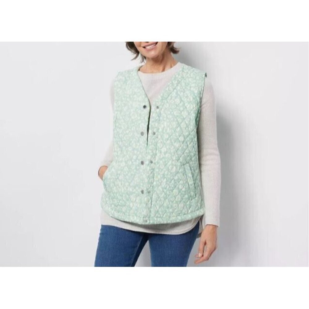 Isaac Mizrahi Live Vest Womens XL Pale Green Quilted Snap Front Pockets Cottage